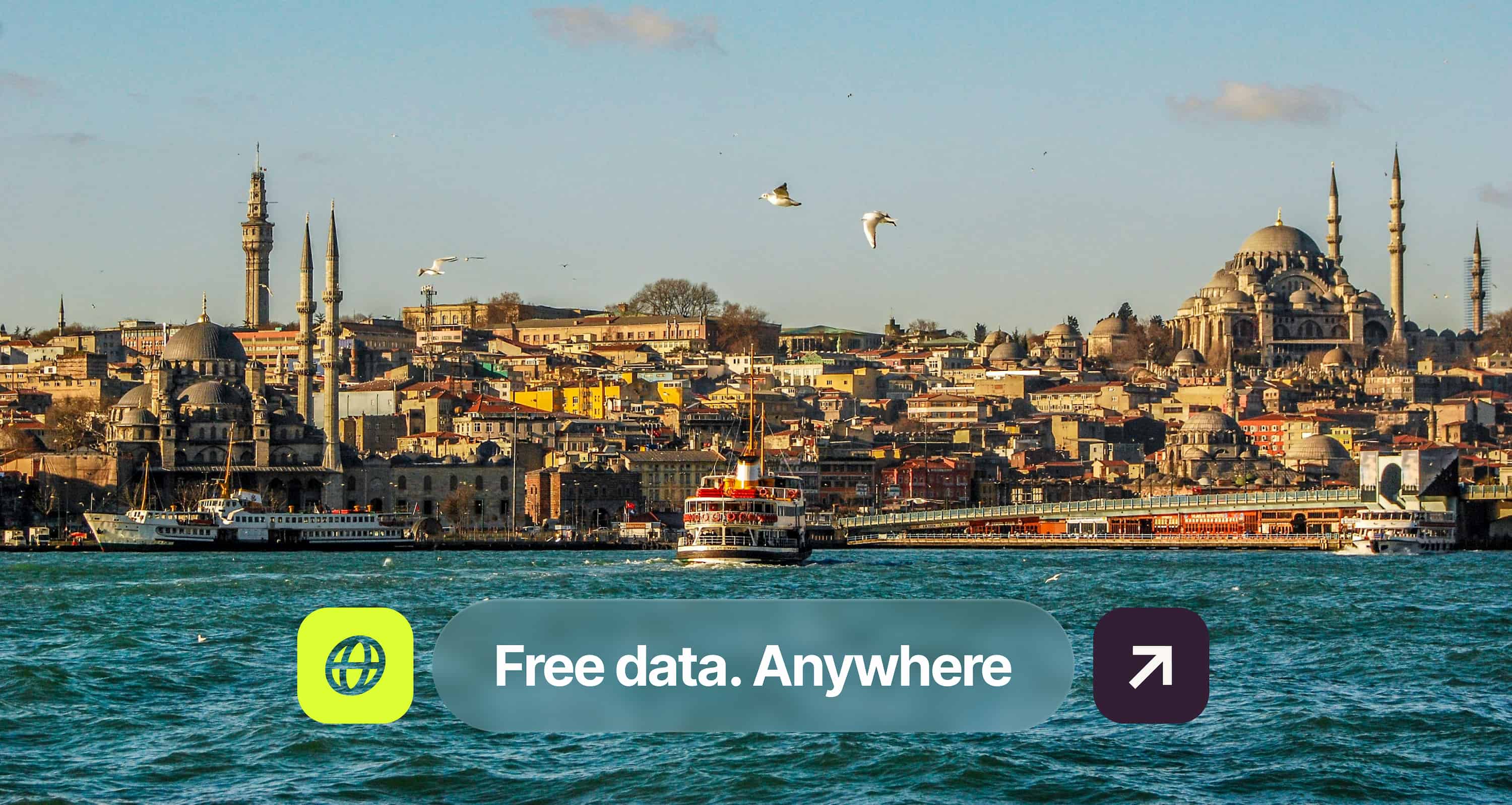 Scenic view of a city with mosques and minarets by the water, featuring a boat and text overlay "Free data. Anywhere" at the bottom.