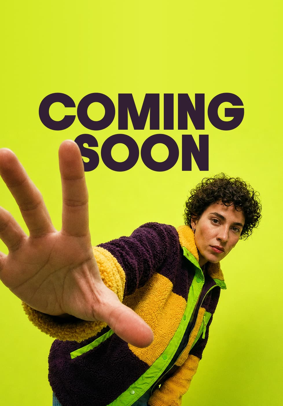 Coming soon graphic with a person gesturing stop